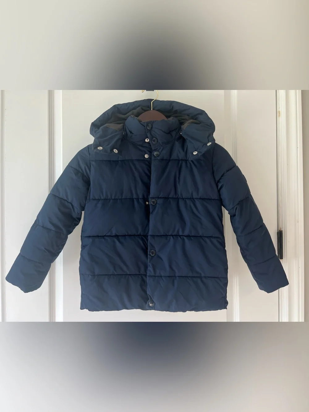 GAP Kids Warmest Puffer Jacket Navy Blue Quilted Hooded Winter Coat Size S 6 7